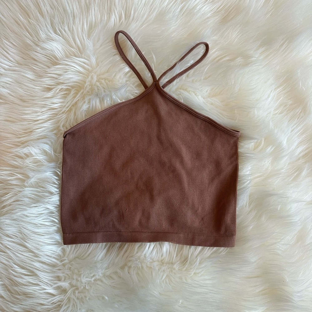 Ribbed Crossback Crop Top in Brown